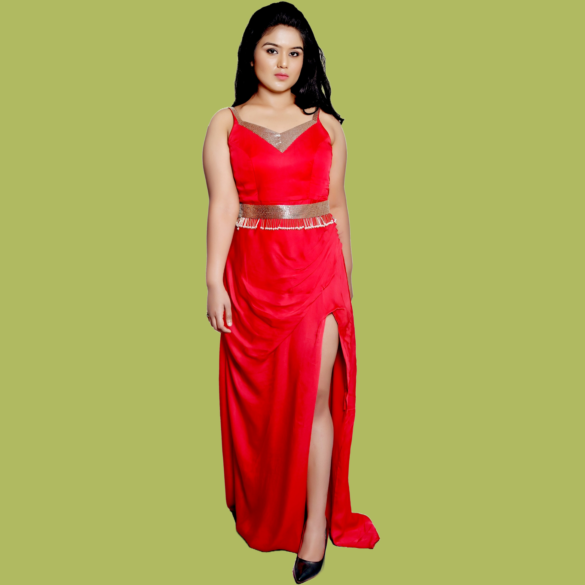 Red Party Gown With Front Slit | | GlamzLife