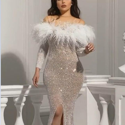 Sequin Off Shoulder Party Evening Dress | Silver | GlamzLife