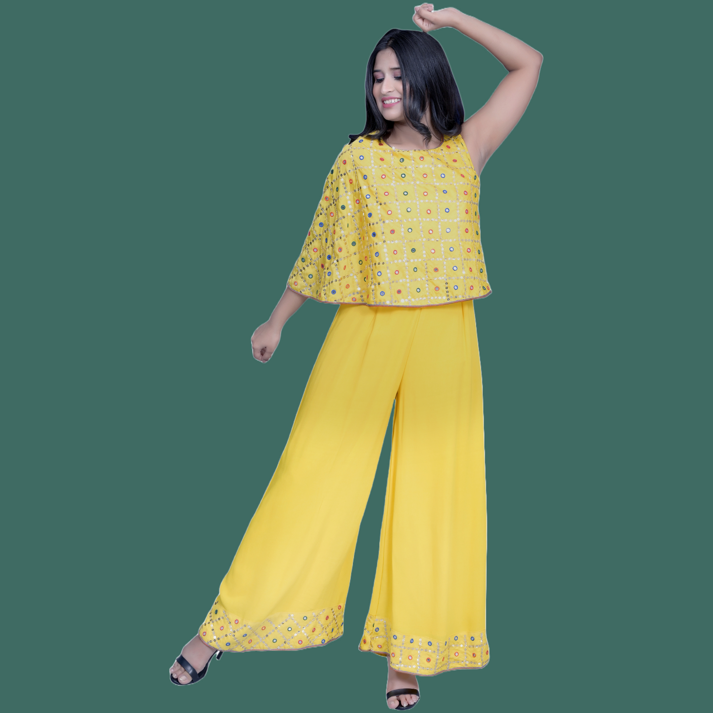 Sequins & Mirror Handwork Yellow Jumpsuit | | GlamzLife