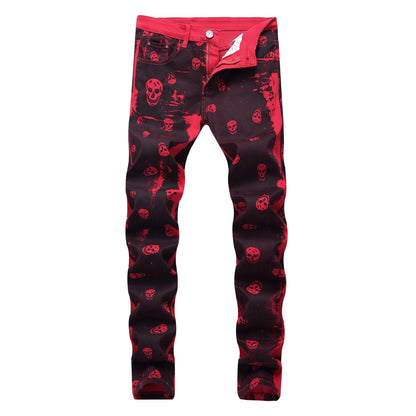 Skull Printed Solid Red Jeans | GlamzLife