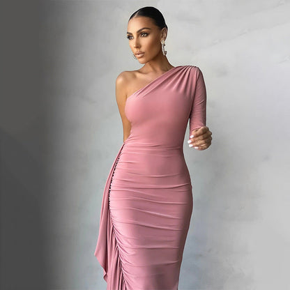 Slim Fit With Pleated Skirt Long-sleeved Dress | Pink | GlamzLife