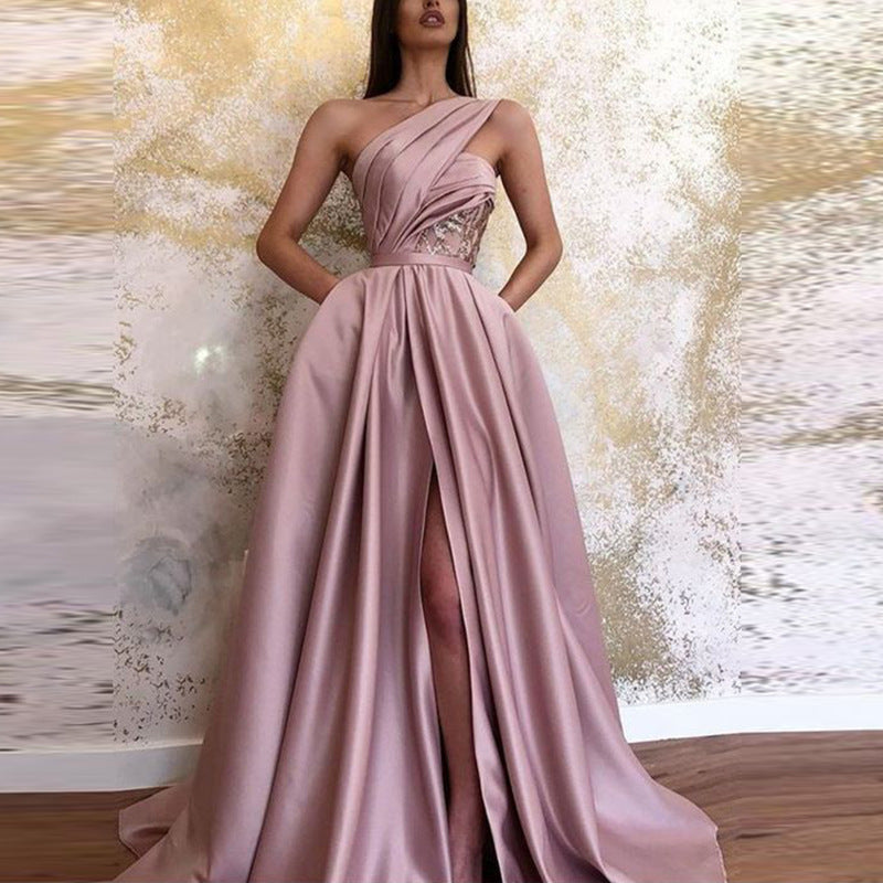 Slit Slanted Off Shoulder Long Skirt Evening Dress | Pink | GlamzLife