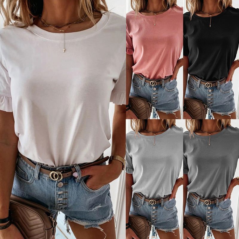 Solid Color Ruffled Round Neck Short Sleeves Top GlamzLife