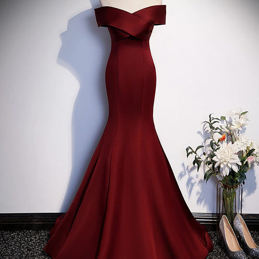 Solid off Shoulder Fish Tail Dress | Wine Red | GlamzLife