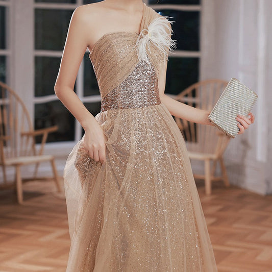 Stunning Golden One Shoulder Evening Gown | Champagne gold | GlamzLife