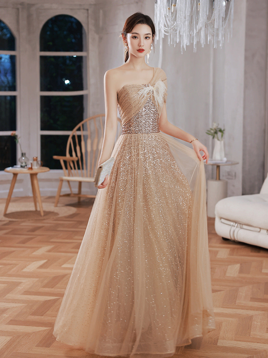 Stunning Golden One Shoulder Evening Gown | | GlamzLife
