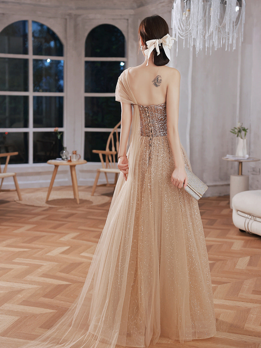Stunning Golden One Shoulder Evening Gown | | GlamzLife