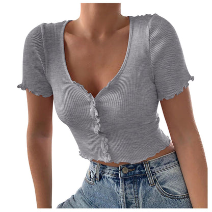 V-Neck Ruffles Short Sleeve Crop Top | GlamzLife