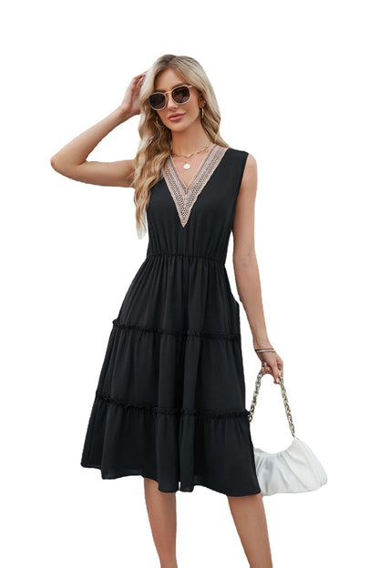 V-neck Sleeveless Pleated Ruffle Elegant Dress | GlamzLife