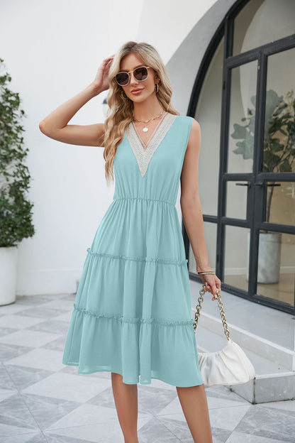 V-neck Sleeveless Pleated Ruffle Elegant Dress | GlamzLife