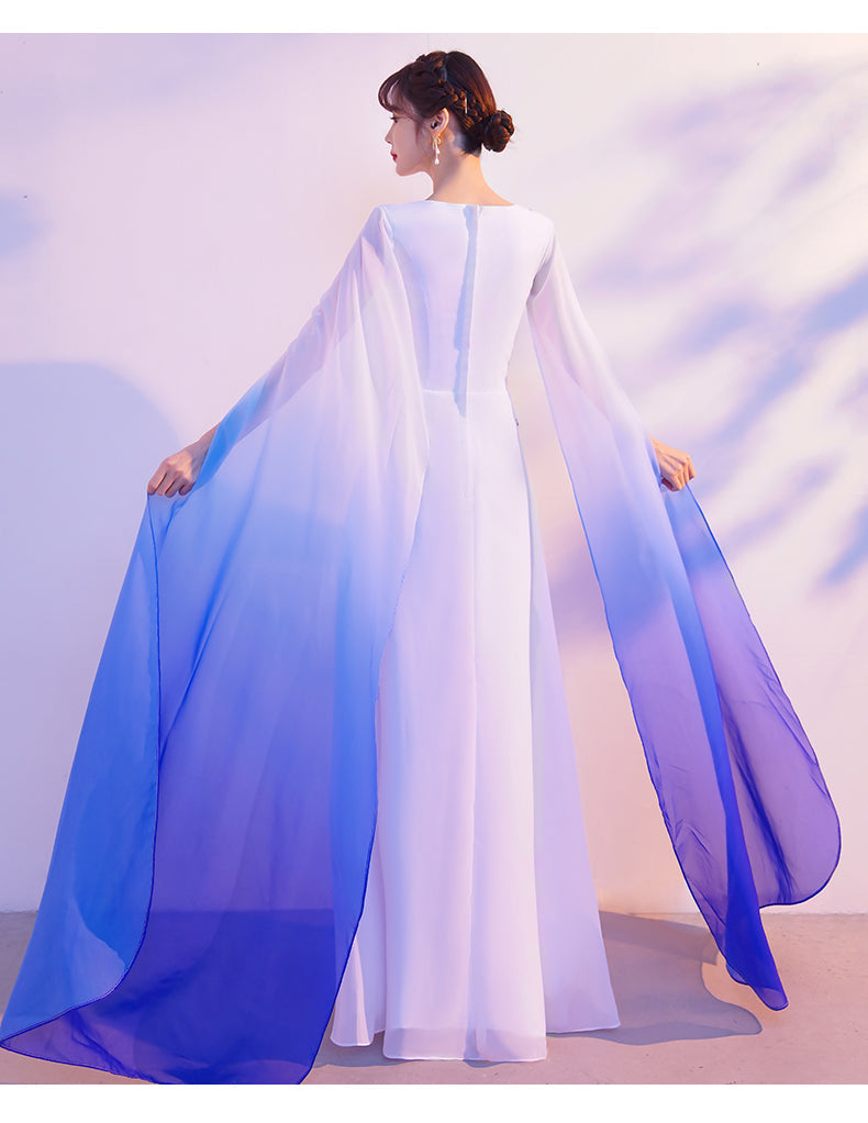 White & Blue Gradient Floating Long Dress | | GlamzLife