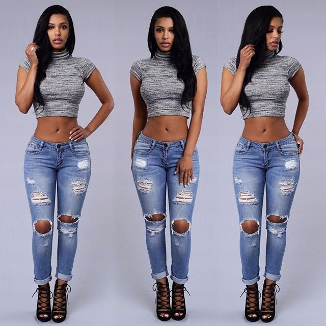 Women's Comfy Skinny Ripped Jeans | Light blue | GlamzLife