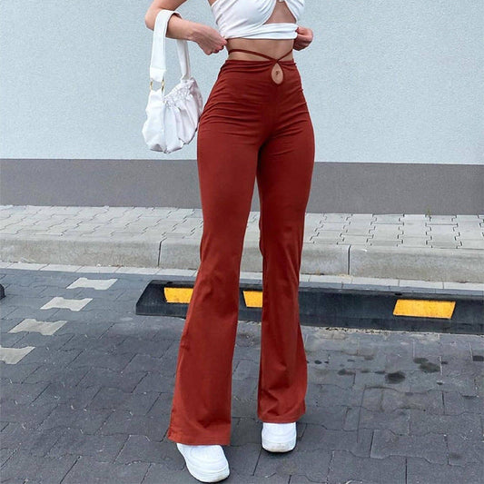 Women's High-waist Lace-up Solid Color Trousers | Red | GlamzLife