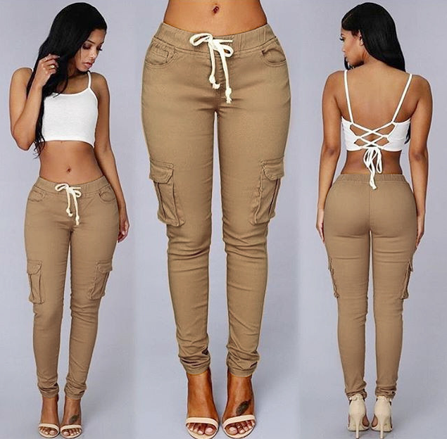 Women's Multi Pockets Casual Trouser | Light Khaki (New) | GlamzLife