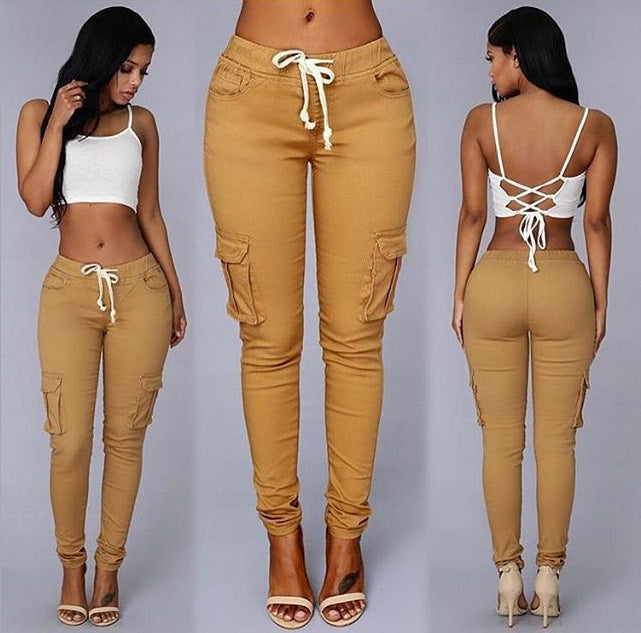 Women's Multi Pockets Casual Trouser | Khaki | GlamzLife