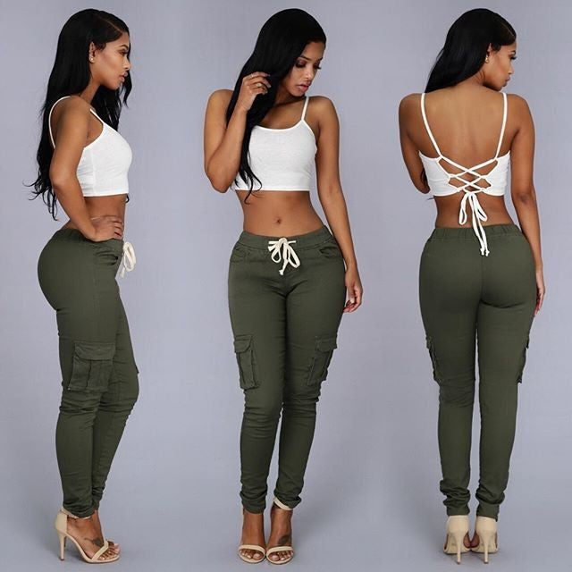 Women's Multi Pockets Casual Trouser | Military green | GlamzLife