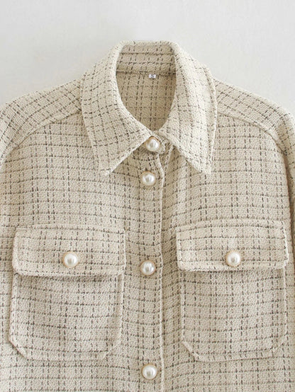 Women's Plaid Pattern Thick Pearl Button Elegant Coat | GlamzLife