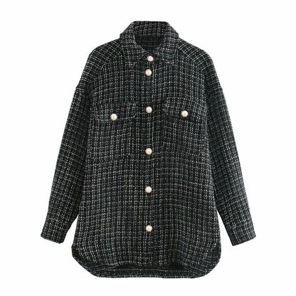 Women's Plaid Pattern Thick Pearl Button Elegant Coat | GlamzLife