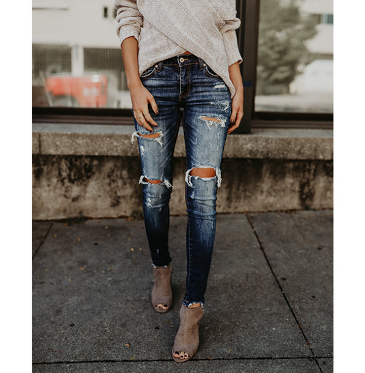 Women's Ripped Mid Rise Trendy Jeans | Blue Black | GlamzLife
