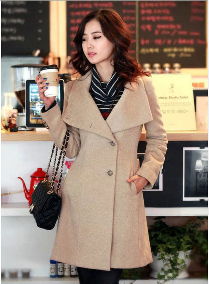 Women's Solid Color Mid Length Woolen Coat GlamzLife