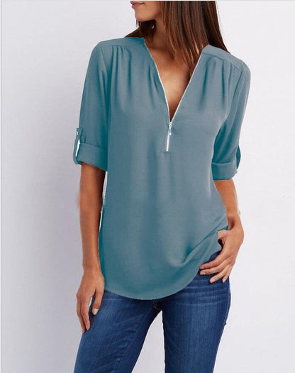 Zipper V-neck Women's Short Sleeve Loose Top | GlamzLife