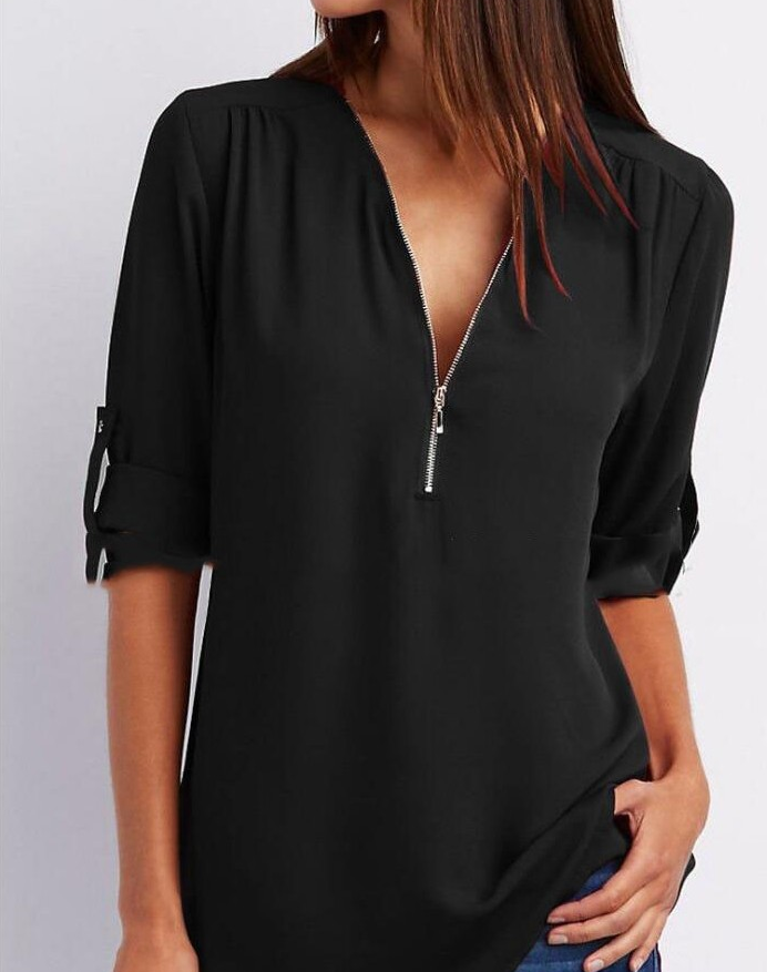 Zipper V-neck Women's Short Sleeve Loose Top GlamzLife