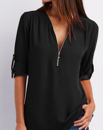 Zipper V-neck Women's Short Sleeve Loose Top | GlamzLife