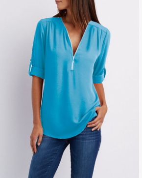 Zipper V-neck Women's Short Sleeve Loose Top | GlamzLife