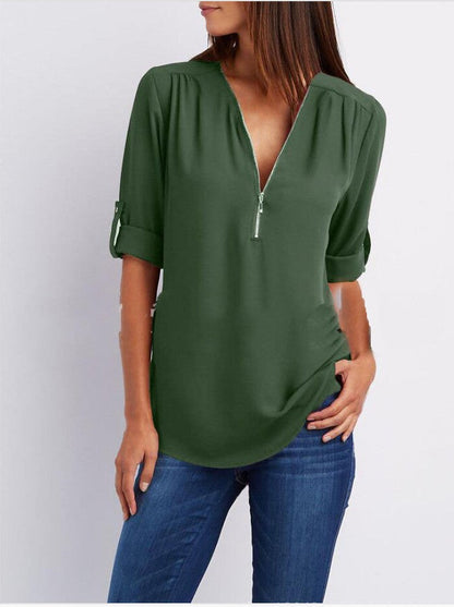 Zipper V-neck Women's Short Sleeve Loose Top | GlamzLife