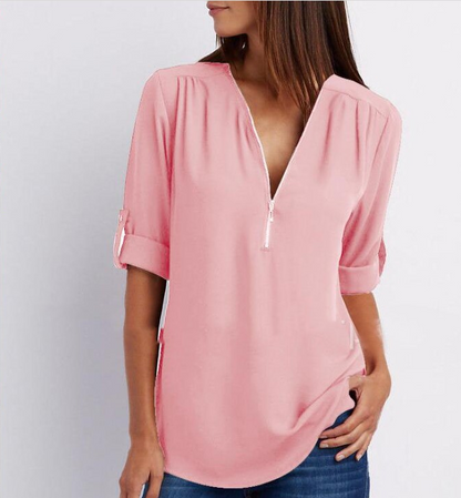 Zipper V-neck Women's Short Sleeve Loose Top | GlamzLife