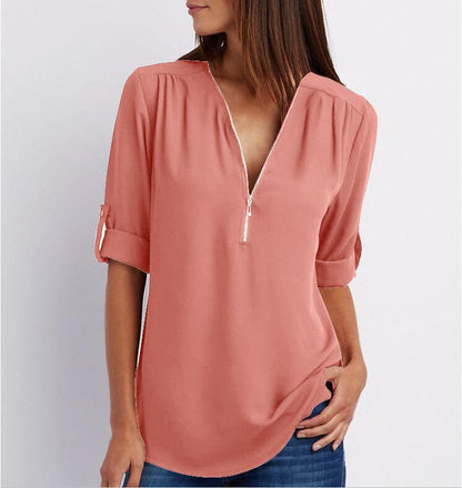 Zipper V-neck Women's Short Sleeve Loose Top | GlamzLife