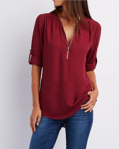 Zipper V-neck Women's Short Sleeve Loose Top | GlamzLife