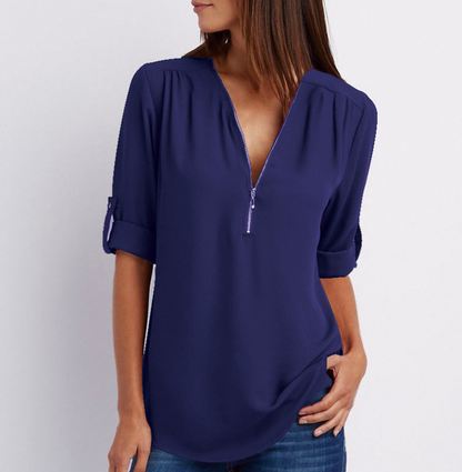 Zipper V-neck Women's Short Sleeve Loose Top | GlamzLife