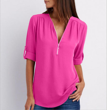 Zipper V-neck Women's Short Sleeve Loose Top | GlamzLife