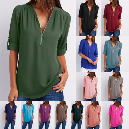 Zipper V-neck Women's Short Sleeve Loose Top | GlamzLife